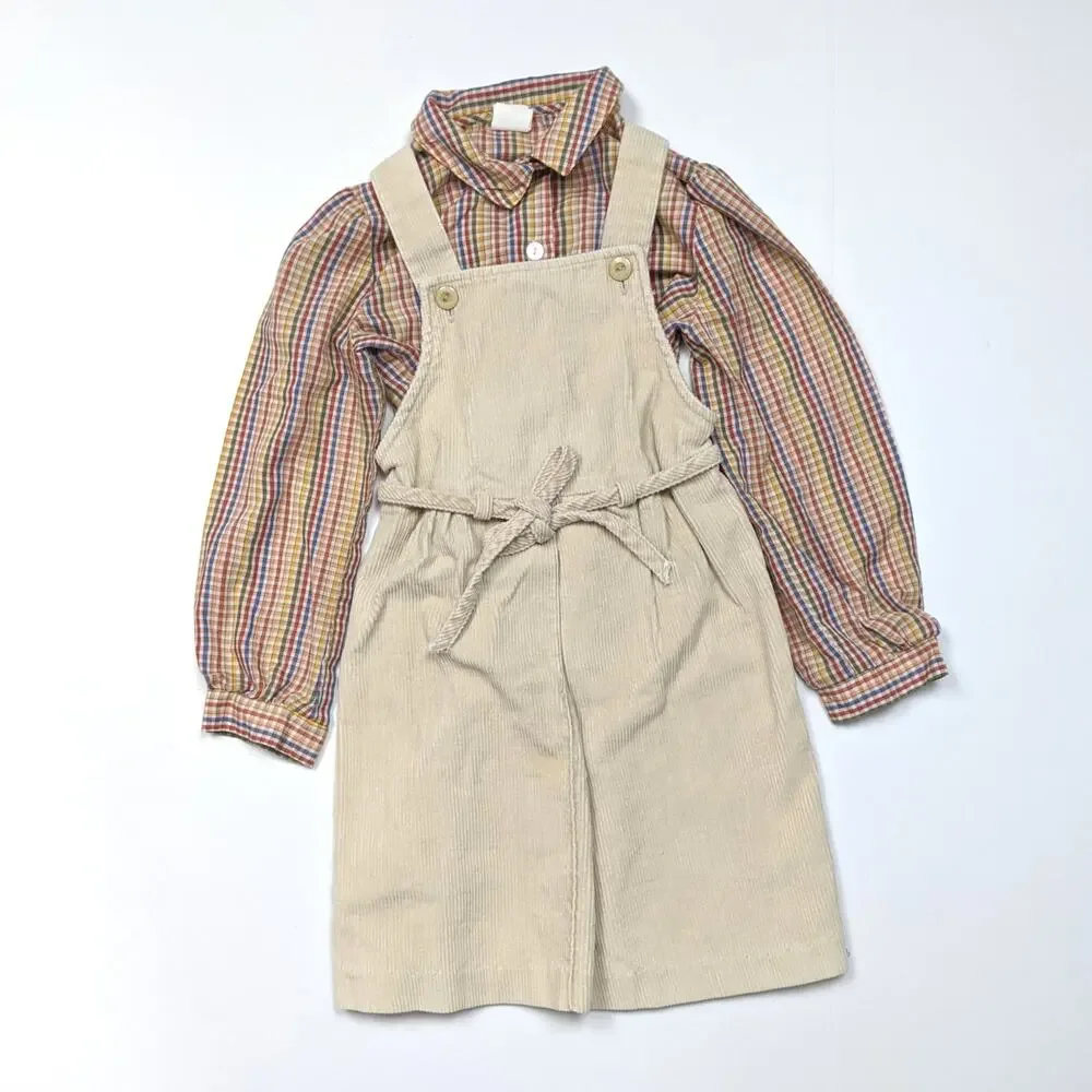 Vintage Alyssa Dress Girls Sz 4T Beige Corduroy Jumper Skirtall Outfit 80s Plaid